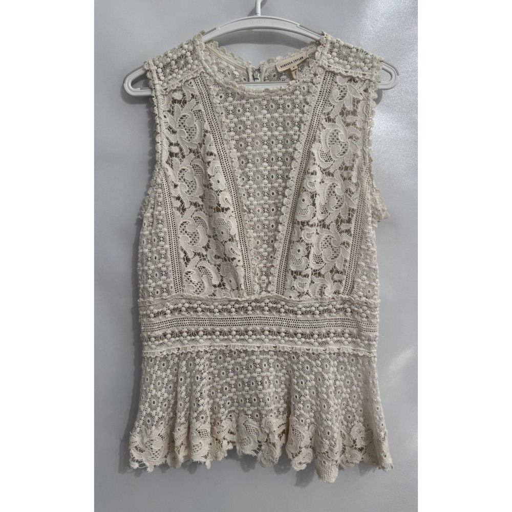 Rebecca Taylor Size 8 Arella Eyelet Ivory Peplum Crochet Top Office Career
